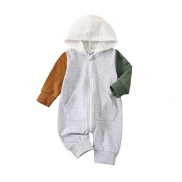 Rompers Autumn born Infant Baby Boys Girls Rompers 0-18M Patchwork Hooded Long Sleeve Zipper Romper Jumpsuits Costume 230418