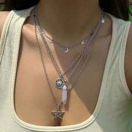 Pendant Necklaces 4Pcs Set Pink Crystal Pentagram Cross Chain Necklace Multilayer Elegant Choker Jewellery for Women s Party Accessories 231117