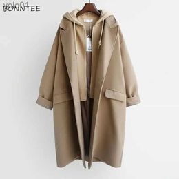 Women's Wool Blends Wool Blends Coats Women Spliced Fake Two Piece Hooded Clothes Design Korean Fashion Preppy College Girlish Elegant Ladies CasualL231118