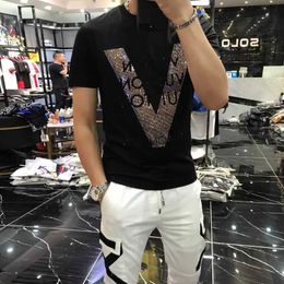 Men's T-shirts 23ss New Mercerized Cotton V-pattern Rhinestone Designer Male Slim Casual Tees Black White Fashion Trend Short Sleeve Top Clothes M-4xl