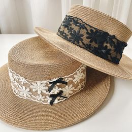 Wide Brim Hats Designer Handmade Summer Sun Hat Beach Straw Raffia Black White Flower Lace Bow Cap Nature Color Sweet Flat