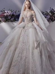 Lace ball gown wedding dress Vintage Long Sleeves Arabic High Neck Wed Dresses beaded crystal Appliques Beaded Long Bridal Wedding Dresses Vestidos de novia