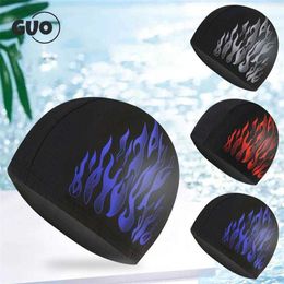 Swimming caps High Elasticity Nylon Swim Hat Protect Ears Flame Printed Swimming Cap Waterproof For Women Men Long Hair Protected Bathing Caps P230418