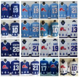 Мужские хоккейные майки Quebec Nordiques Vintage 19 Joe Sakic Baby Blue 26 Stastny 13 Mats Sundin 21 Peter Forsberg 10 Guy Lafleur Jersey 17 We