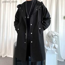 Men's Trench Coats 2023 Men's Windbreaker Jacket Long Trench Oversize Loose Streetwear Hooded Vintage Black Coats High Street Casual Male Outerwear Q231118