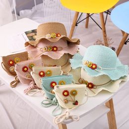 2023 New children's sunscreen Hat set Girl's summer shade hat Princess straw hat Sun hat set (Hat+ bag)