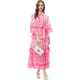 Women's Runway Dresses Stand Collar 3/4 Sleeves Tiered Ruffles Printed Elegant Fashion High Street Designer Casual Vestidos