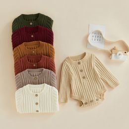 Rompers 0-24M Baby Knit Romper Long Sleeve Crew Neck Solid Fall Winter Bodysuit for Girls Boys 230418