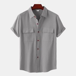 Men's Casual Shirts Cotton Linen Solid White Shirts For Men Summer Double Pocket Short Sleeve Casual Shirt Mens Business Holiday Breathable Camisas 230418