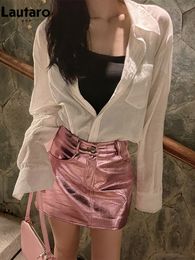 Skirts Lautaro Summer Autumn Pink Silver Reflective Shiny Patent Leather Mini Skirts for Women High Waist A Line Short Sexy Y2K Clothes 230417