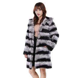 Women's Fur Faux 2023 product Chinchilla striped jacket thickened Winter Rex Rabbit fur coat body length 90 with hood y231117