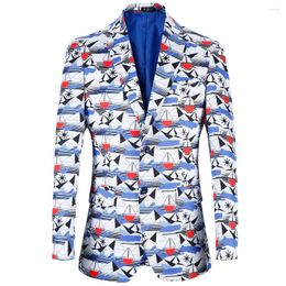 Men's Suits Hawaii Style Casual Blazers Men Beach Boat Printing USA Size 48R Suit Jacket Plus Wedding Events Party