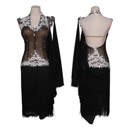 Stage Wear Shiny Rhinestone Dress For Ladies Latin Dance Black Fringe Lace Salsa Professional Competition VDB164Stage
