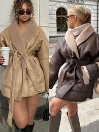 Women's Jackets Thick Plush Leather Jacket Women Single Breasted Turn-down Collar Belts Elegant Autumn Winter Coat Female Long Sleeve Overcoat T231118