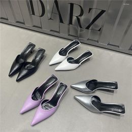 Slippers Pointed Toe Women Summer Outside Slides Mules Shoes Thin Low Heels Purple Silver Black White Casual Elegant 39
