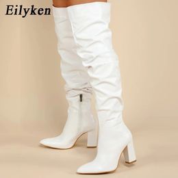 Boots Eilyken Winter Women Over-the-Knee Boots Punk Style Square High Heel Zipper Shoes Pleated Pointed Toe Ladies Long Booties 231117
