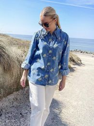 Women's Blouses Autumn 2023 Women Shirt Oil Painting With Ruffled Lace Doll Collar Loose Denim Coat Lady