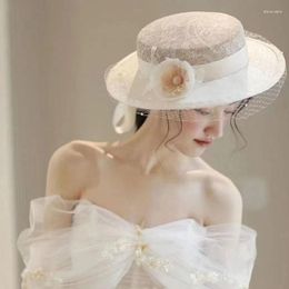 Headpieces Ivory Lace Wedding Hats For Women Elegant Chiffon Flowers Beads Bridal Headdress Mariage Boheme Chic Accessoire Cheveux