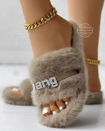 Slippers Women's rhinestone letter decoration fluffy winter slippers Women's thick sole flat hair shoes Women's slippers 231118