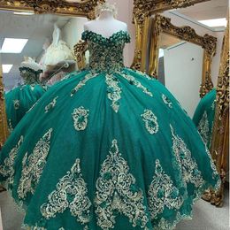 Cute Hunter Green Quinceanera Dresses 2023 Off Shoulder Beads Crystal Appliques Birthday Prom Party Sweet 16 Gowns Corset