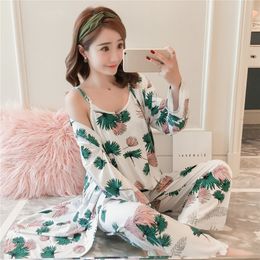 Women's Sleepwear Brand women's 3 pieces pajamas sets milky silk Spaghetti Strap Tops and long pants and long nightgowns sleepwear pyjamas set 230418