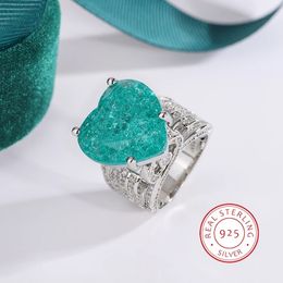 Wedding Rings Creative Hollow Paraiba Emerald Heart Shape 925 Sterling Silver Couple Ring for Women Zircon Anniversary Gift Jewellery 231118