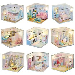 Doll House Accessories DIY Hut with Dust Cover Toys Kit Doll House Handmade Manual Assembling Model Furniture 3D Wooden Miniature Dollhouse Toys 230417