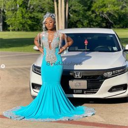 Luxury Black Girls Rhinestone Prom Dress With Tassel Elegant Mermaid Blue Plus Size Evening Gowns Open Back Beaded Formal Party Aso Ebi African Graduation Dresses