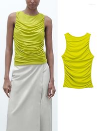 Women's Tanks Yellow Top Women Ruched Female O Neck Slim Tops For 2023 Folds Sleeveless Summer Corset Tank