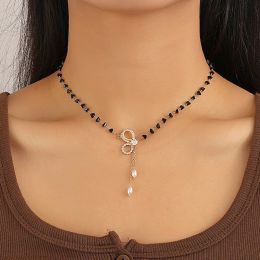 Natural Stone Beads Necklace Rhinestone Pearl Bowknot Pendant Necklaces Bohemian Clavicle Chain Women Elegant Party Jewellery Gift