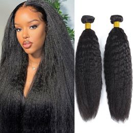 Lace Wigs Human Hair Kinky Straight Bundles 1 3pcs Brazilian Weaving Yaki Long Thick 230417
