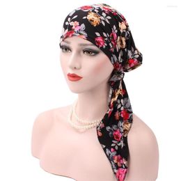 Ethnic Clothing Muslim Print Turban Hat Women Stretch Long Tail Hijab Caps Islamic Cotton Turbanet Ladies Hair Loss Chemo Cap Fashion