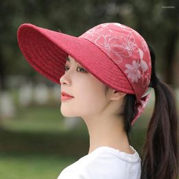 Visors Large Brim Fashion Caps Summer Beach Sun Hat Flower Pattern Empty Top Panama Cap Women Sports UV Protection Bucket Hats