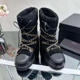 Autumn and Winter New Wool Chain Motorcycle Boots Cool and Handsome Lacing Wool Snow Boots Women's Black and White Round Toe One Step Single Shoe