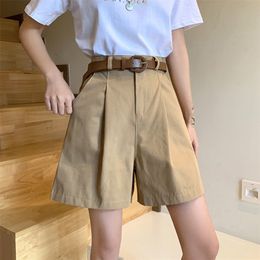 Women's Shorts Women' Summer Casual Shorts Streetwear with Belt Cotton Wide Leg Shorts Female High Waist Straight Knee Length Pants 230418