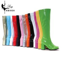 Boots 7cm Custom Colors Gogo Boots 60s 70s Square Heel Knee-High Party Boots Sexy Retro Zip Women Cross Dressing Gothi Shoe Large Size 231117