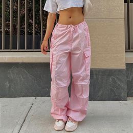 Women's Pants Capris Solid Loose Drawstring Trousers Low Waist Streetwear Joggers Baggy Wide Leg Sweatpants Hippie Pink Cargo Pants Y2K Clothing 230417