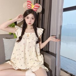 Women's Sleepwear Korean Pyjama Mujer Cherry Print Cotton Yarn Sleepwear Set Short Sleeve TopShorts Ruffle Homewear Skin-Friendly Breathable 230418