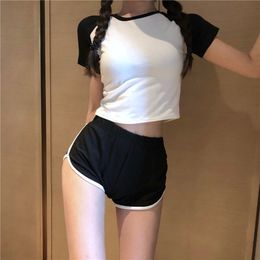 Women's Two Piece Pants Two Piece Summer T-Shirt Women Short Sleeve Sport Tops Tee and High Waist Casual Shorts Black White Women's Sets 230418