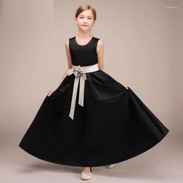 Girl Dresses Piano Performance Costume Evening Children Princess Skirt Black Elegant Satin Flower