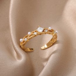 Band Rings Square Zircon Imitation Pearl Rings for Women Open Adjustable Gold Color Stainless Steel Ring Aesthetic Wedding Jewerly anillos AA230417