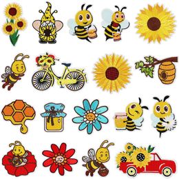 Notions 18 Pieces Bee Flower Embroidered Iron on Patches Cute Sunflower Bike Patch Applique for Clothing Dress Hat Jeans Sewing Decorations