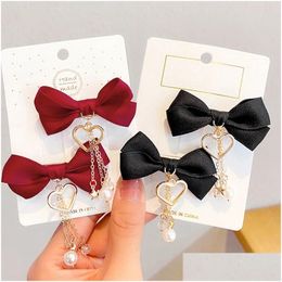 Hair Accessories 2Pcs Fabric Bow Clips Cute Heart Pearl Pendant Hairpins Women Girl Side Bangs Clip Sweet Headwear Drop Delivery Bab Dhbc6