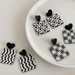 Dangle Earrings Girls Creative Black White Checkerboard Houndstooth Love Retro Square Women Non-Piercing Ear Clips