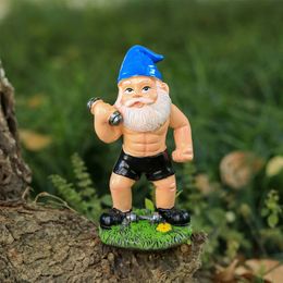 Garden Decorations Outdoor Blue Hat Dumbbell Lifting Fitness White Beard Elderly Resin Handicrafts Ornaments 231117