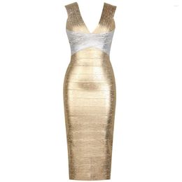 Casual Dresses 2023 Bodycon Bandage Foil Sleeveless Women Sexy Gold V Neck Summer Knee Length Club Celebrity Party Dress Vestidos Runway