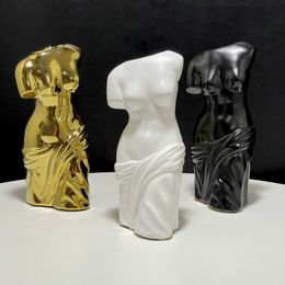 Vases Handmade White Black Gold Female Bust Art Vase Half-body Ceramic Flower Vase Tabletop Collectibles Nordic Home Living Room Decor Y23