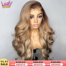 Synthetic Wigs Ombre Blonde 13X4 Transparent Lace Front Human Hair Wig Brown Root Glueless Body Wave Ash 5X5 Closure Pre Plucked 231113