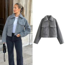 Women's Wool Blends TRAF Autumn Winter Cropped Jacket for Women Short Coat Tweed Jacket Zip Crop Demi-season Jacket Woman in outerwears 231117