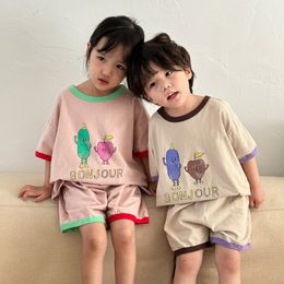 Clothing Sets Casual Cartoon T shirt Boys Cute Fruit Print Pullover Tshrt Children Thin Breathable Cotton Shorts Summer Soft Homewear Suit 230417